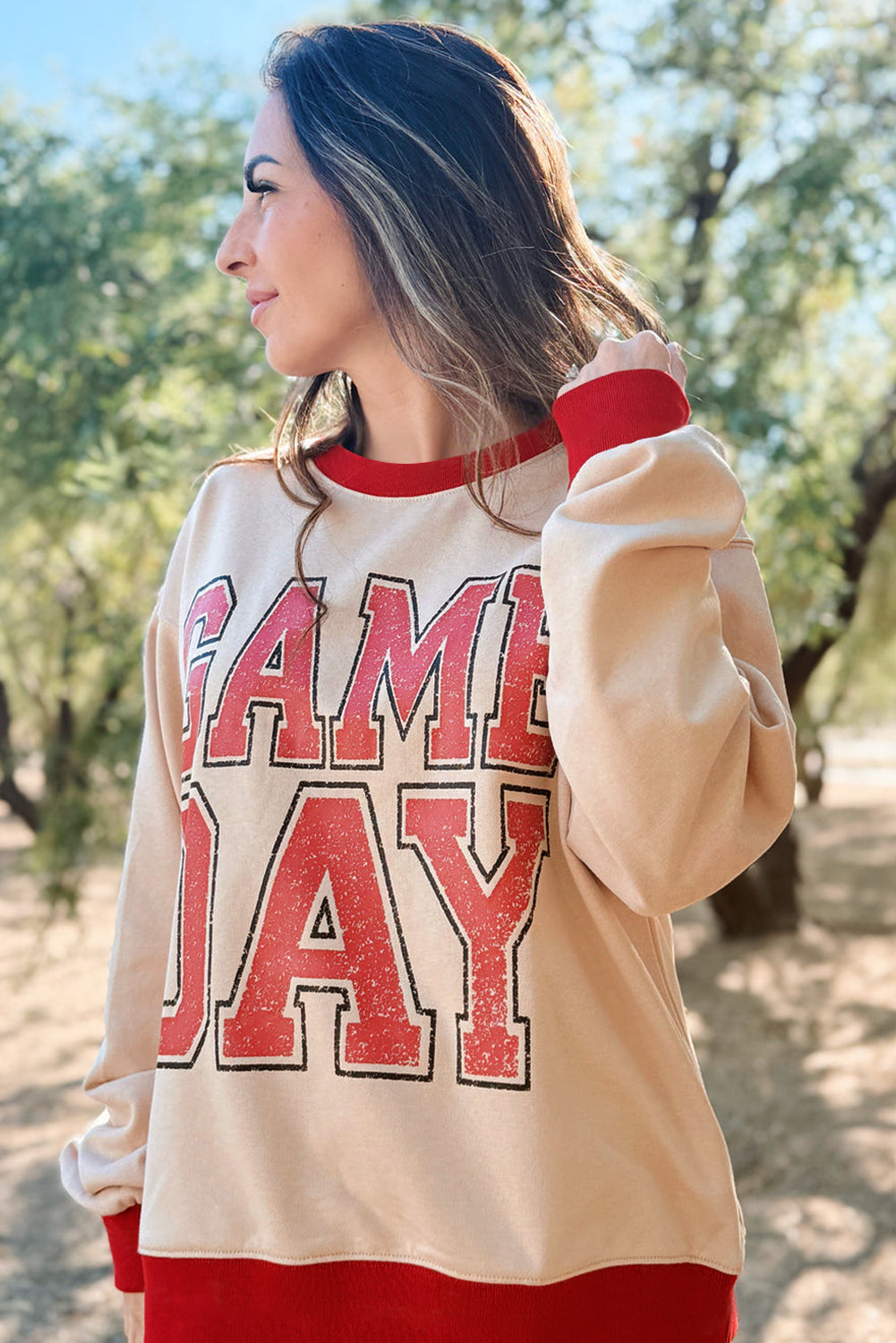 Red and White GAME DAY Letter Contrast Trim Baggy Sweatshirt
