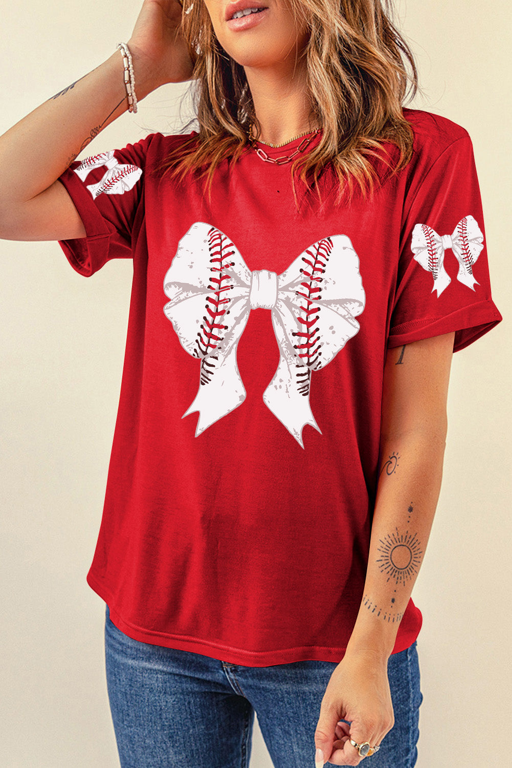 Red Bow Tie Baseball Print Graphic Tee