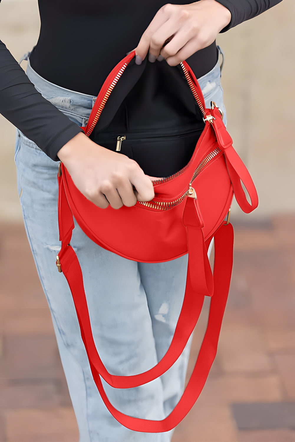Fiery Red Wide Strap Double Zipper Crossbody Bag