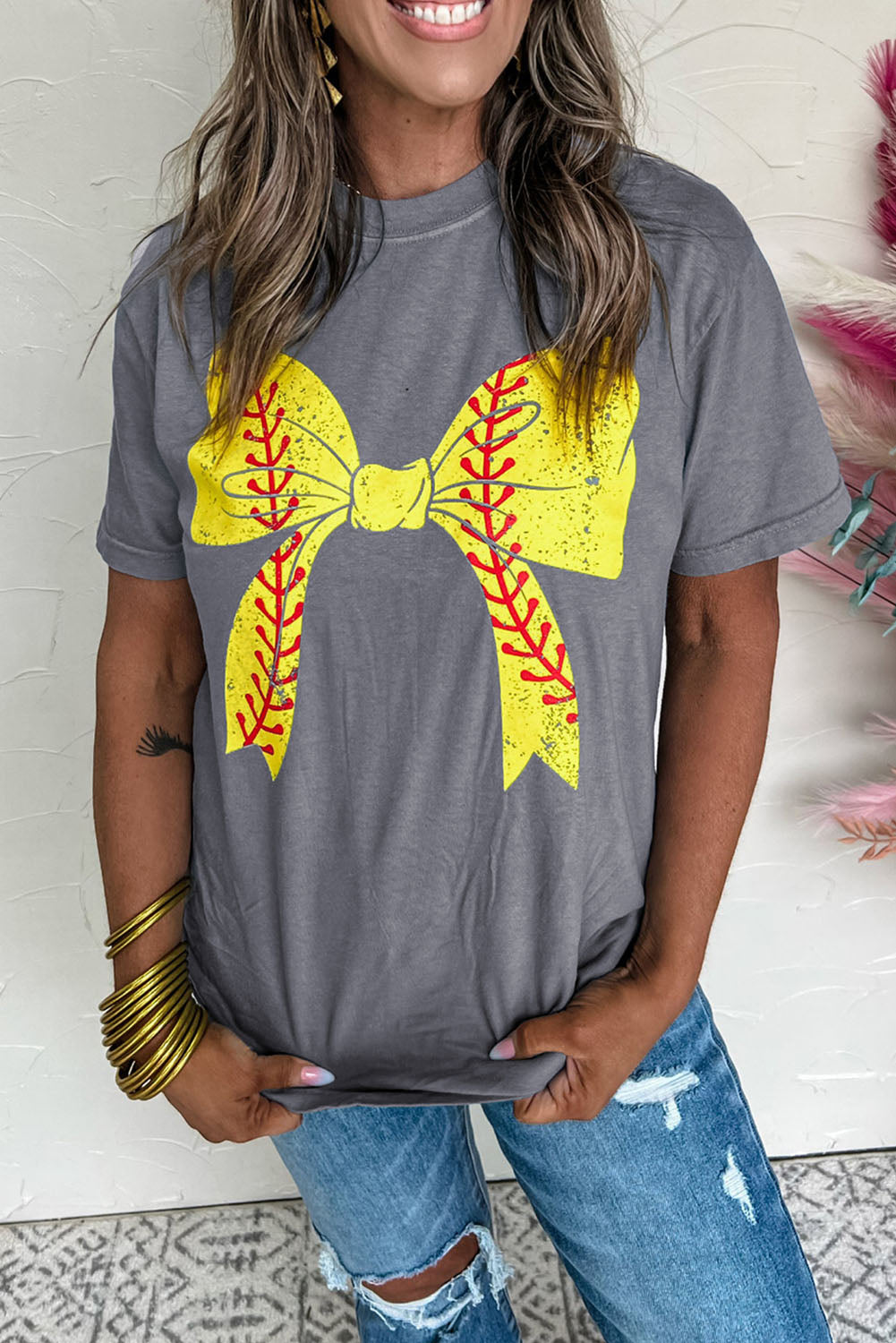 Softball Bowknot Graphic Casual Tee