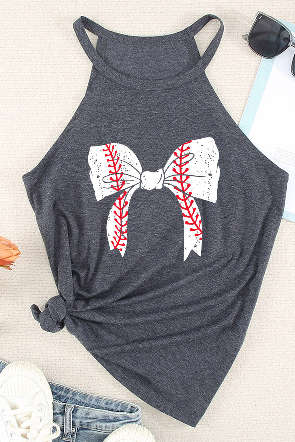 Gray Baseball Bow Knot Graphic Halter Tank Top