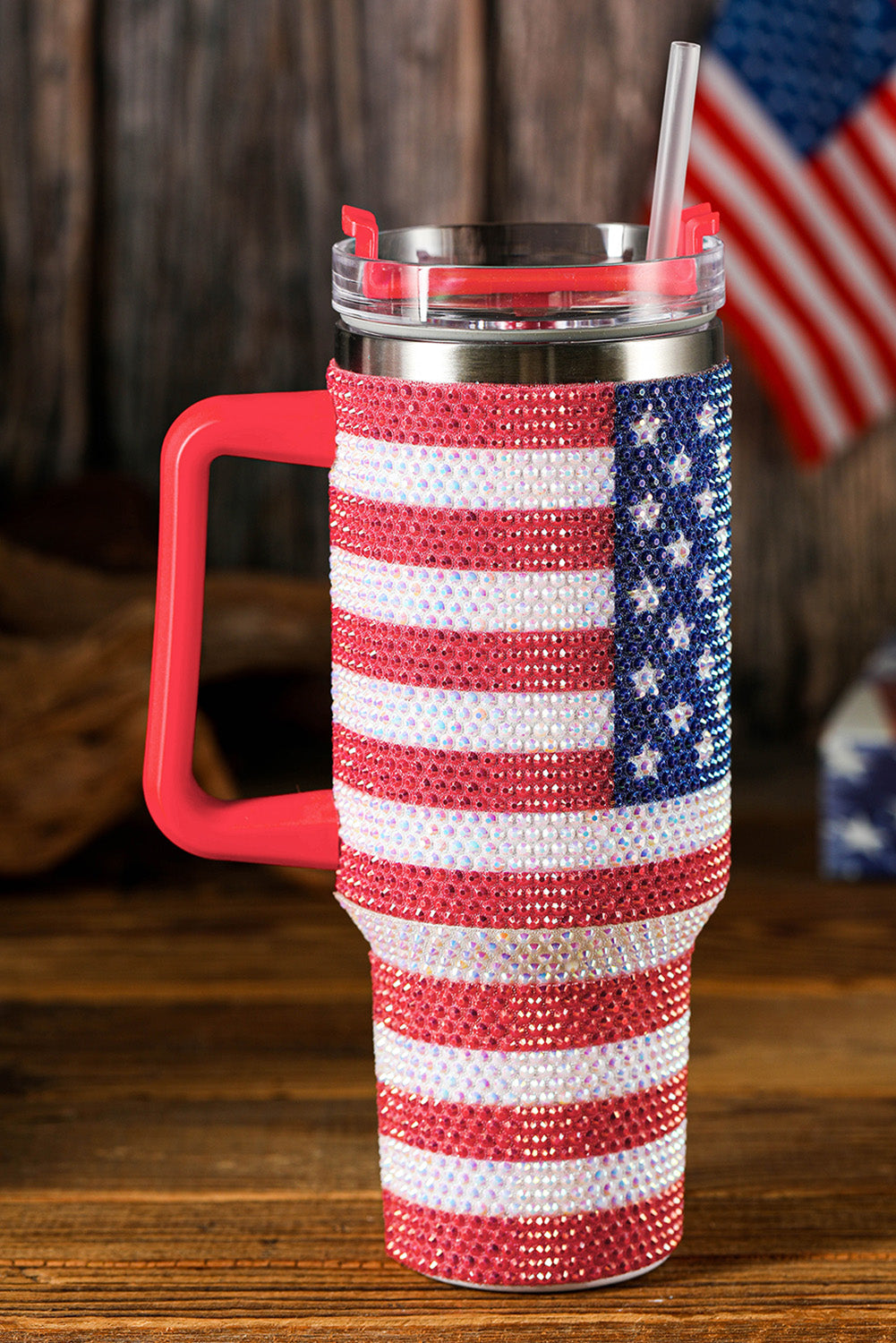 Rhinestone American Flag Print Handle 40oz Tumbler