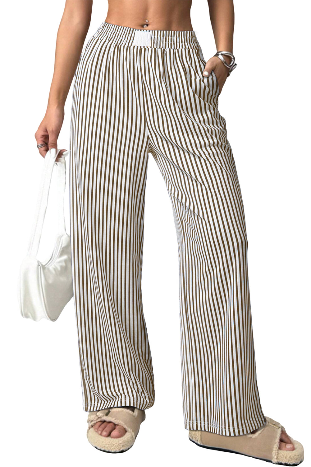 Black Striped Elastic Waistband Pocketed Loose Pants