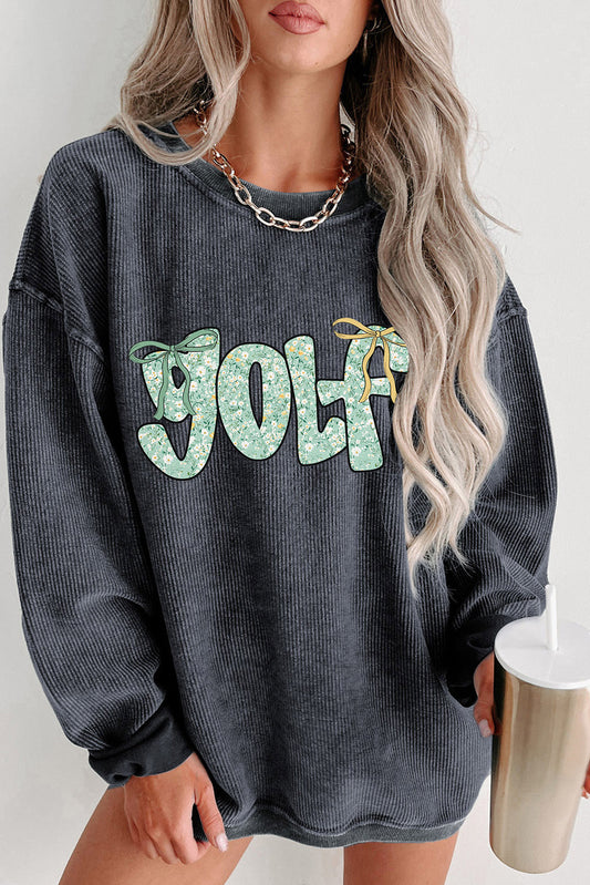 Gray Twisted Ribbed Floral GOLF Letter Bow Heat Transfer Printing Sweatshirt