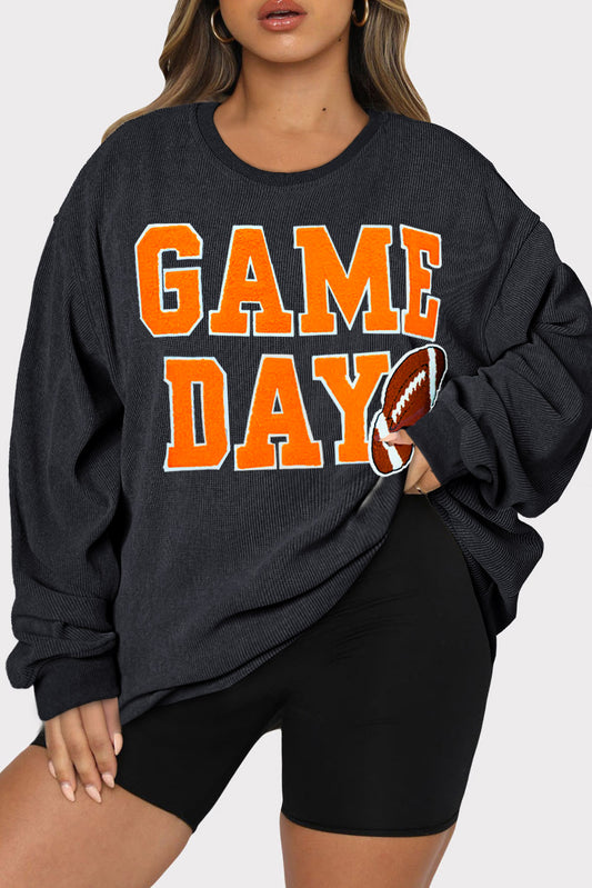 Black Plus Size GAME DAY Football Corded Sweatshirt