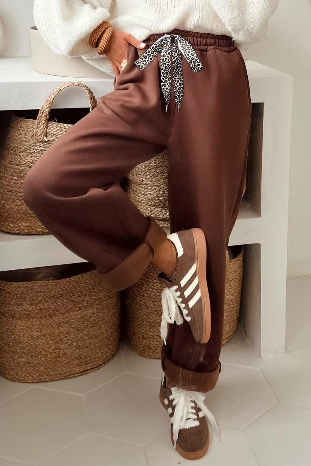 Black Leopard Drawstring Winter Fleece Pants