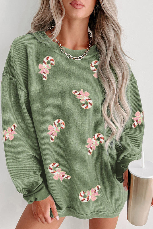 Grass Green Christmas Candy Cane Sequins Patch Corded Ribbed Baggy Sweatshirt