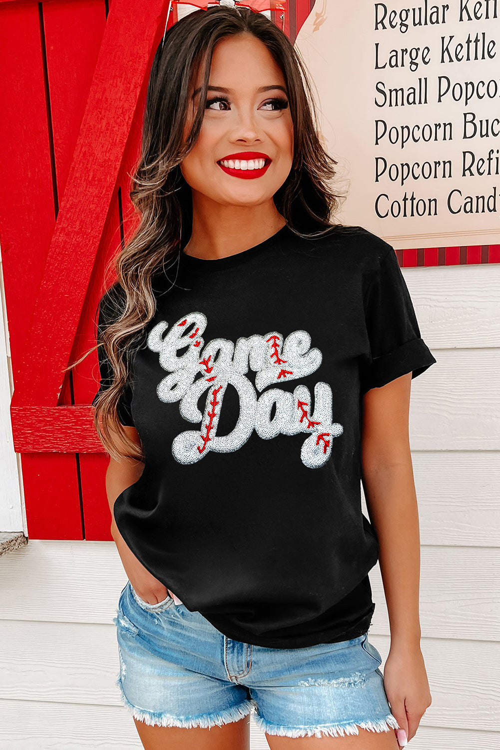 Black Game Day Baseball Graphic Crew Neck Tee