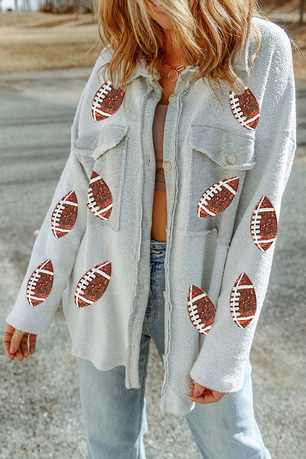 Fleece Sequin Football Graphic Flap Pocket Shacket