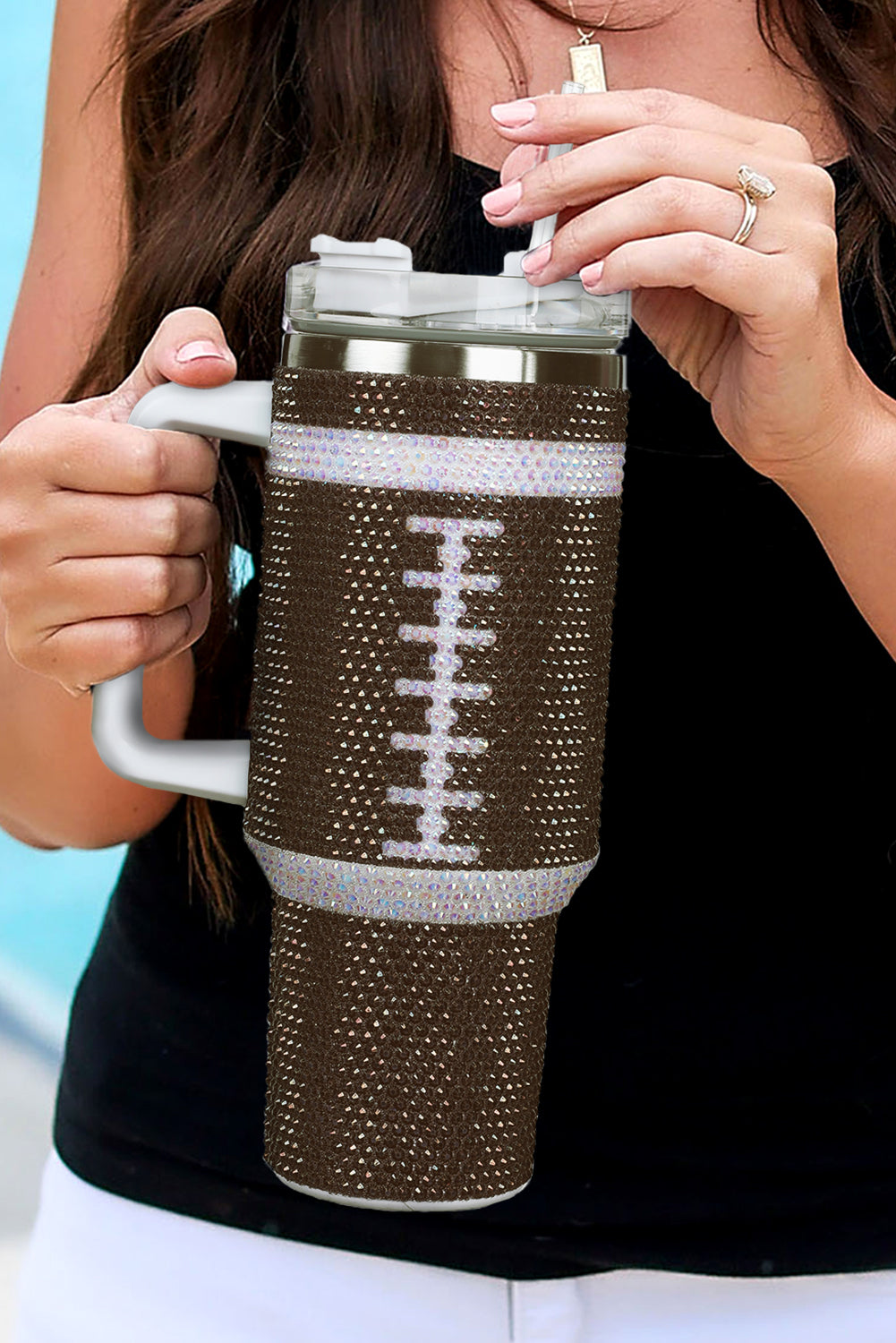 Rhinestone Football Stainless Steel Tumbler