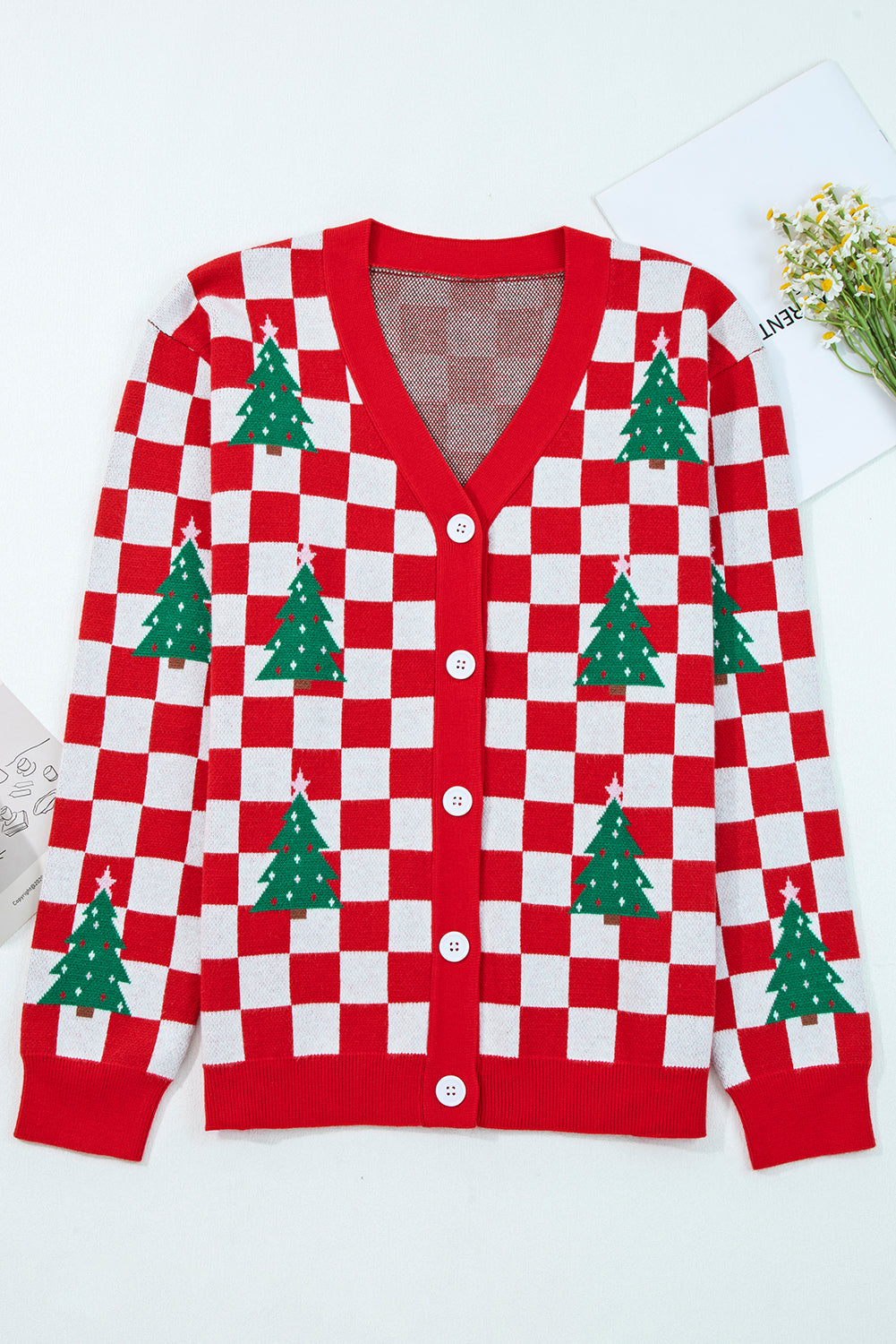 Pink Checkered Christmas Tree Pattern Button V Neck Knit Cardigan