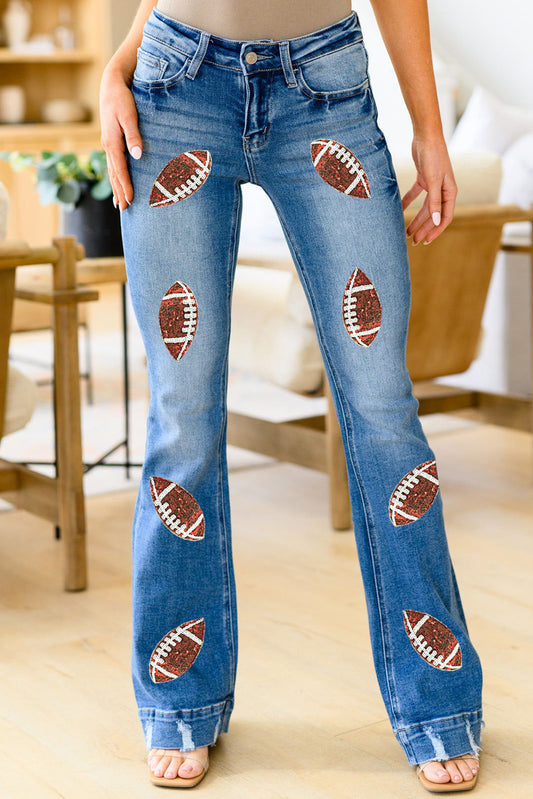 Sky Blue Sequin Rugby Football Pattern High Waist Distressed Flare Jeans