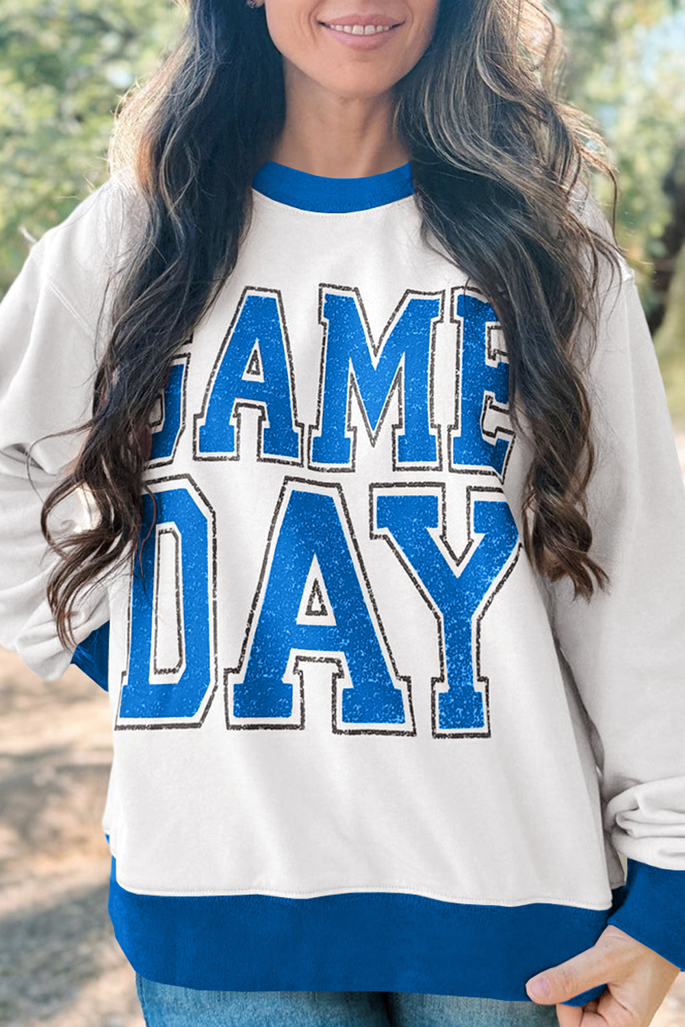 White GAME DAY Letter Contrast Trim Baggy Sweatshirt