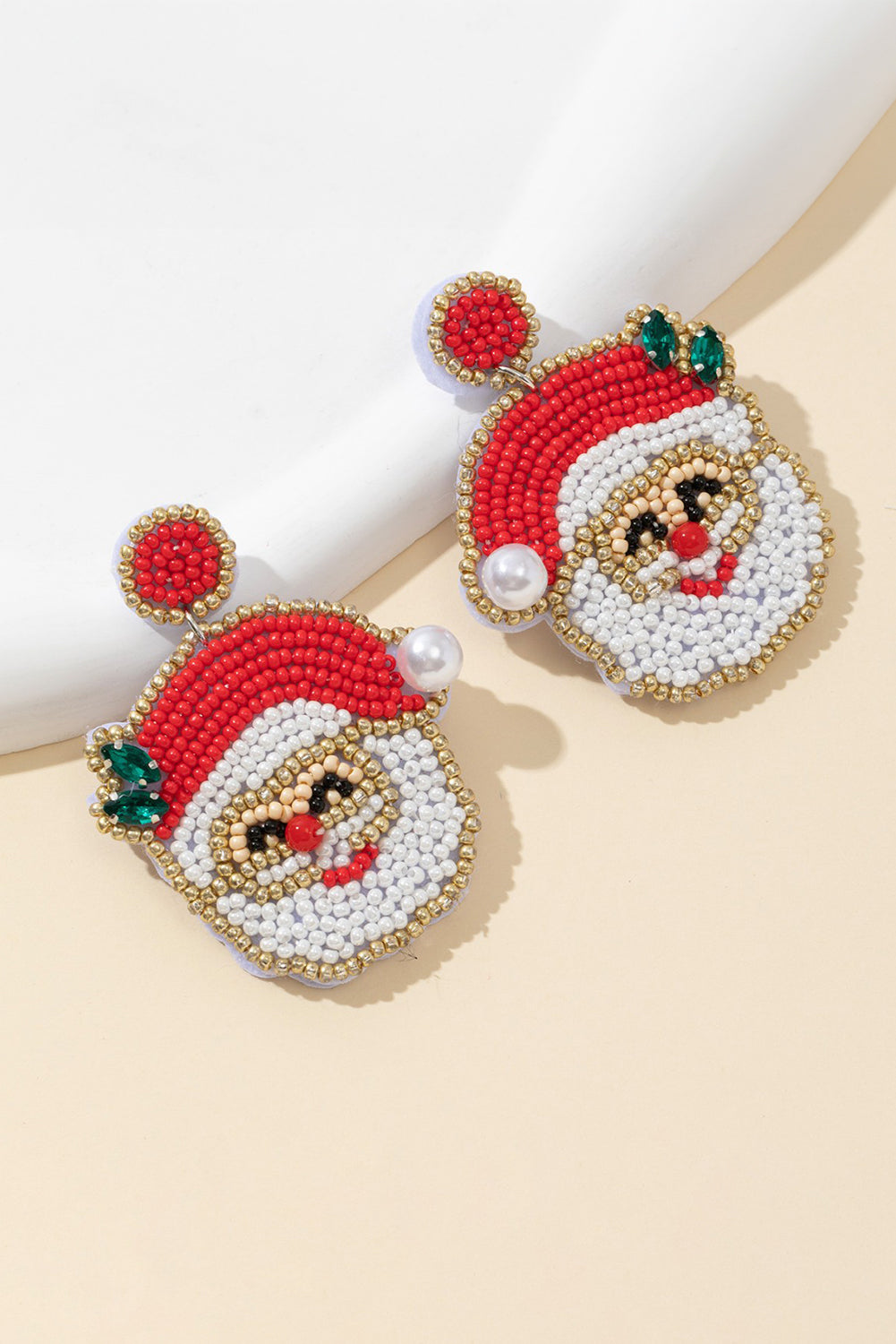 Gold Santa Claus Graphic Rice Beaded Drop Earrings