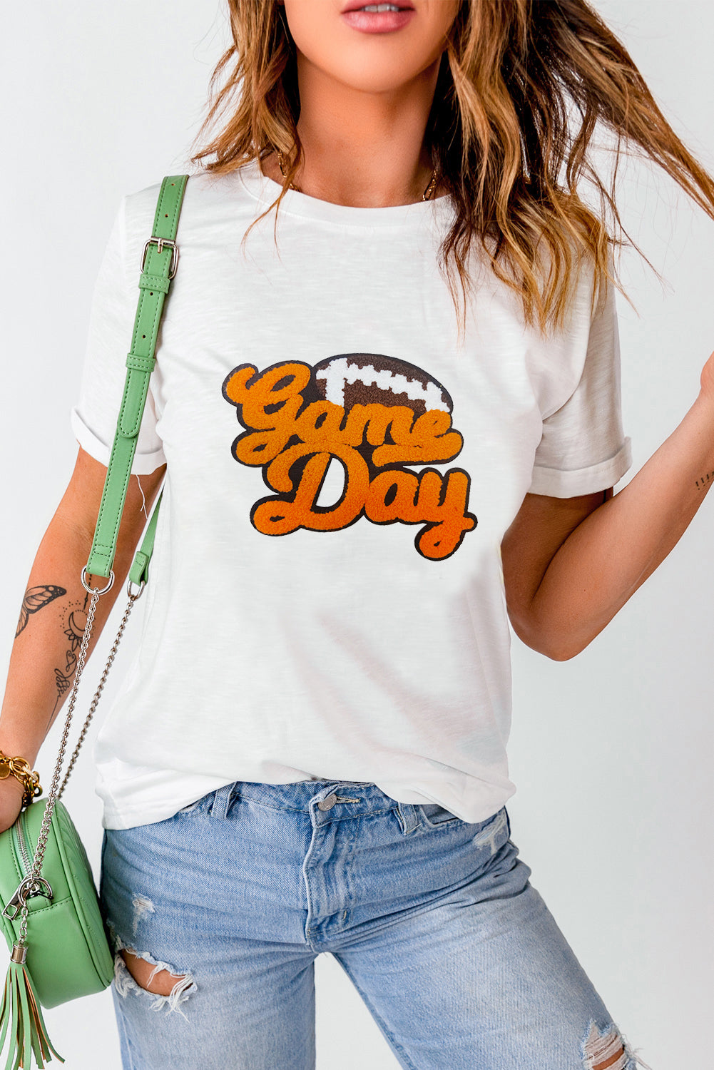 Chenille Game Day Football Crewneck T Shirt