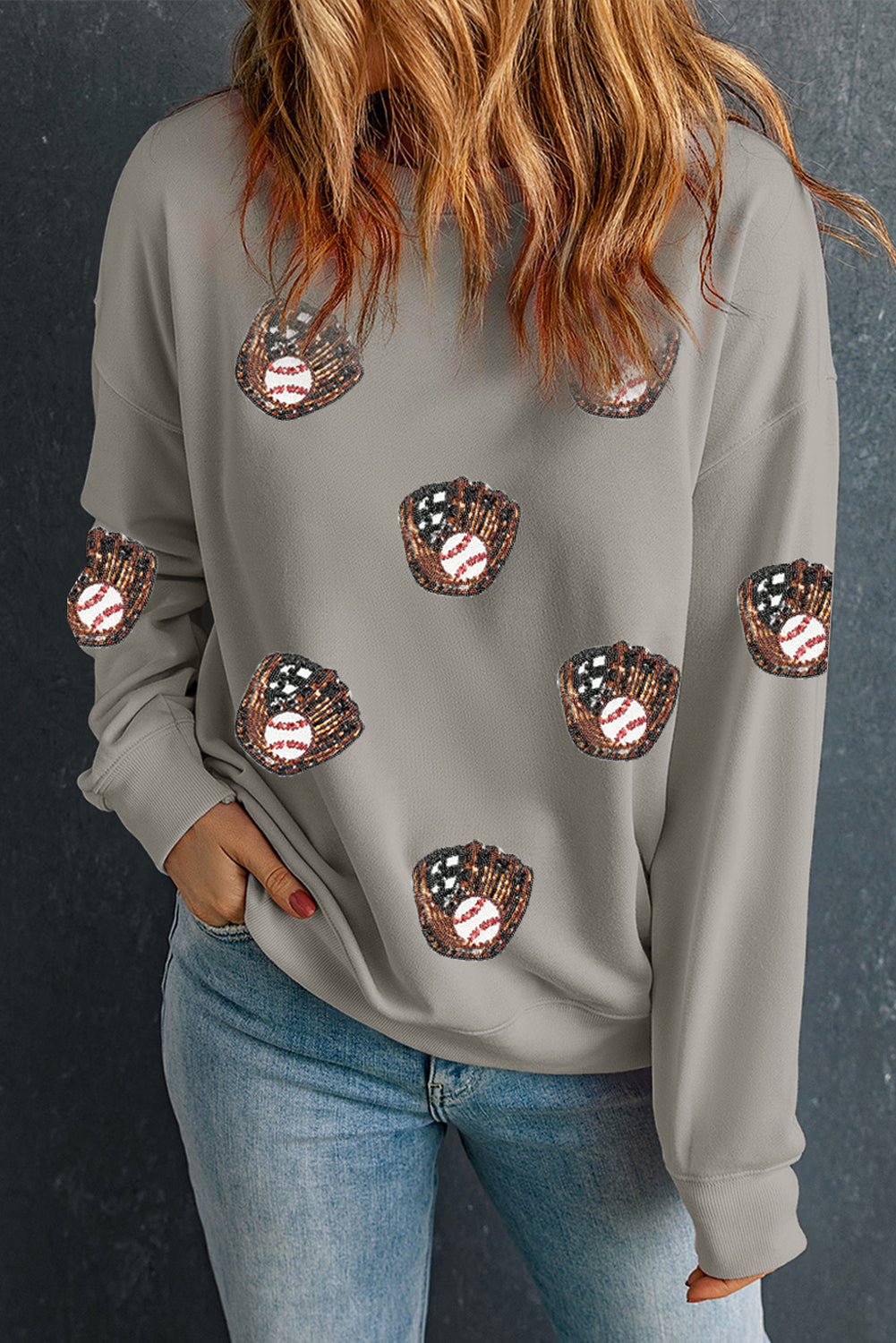 Gray Sequin Baseball Patched Casual Sweatshirt