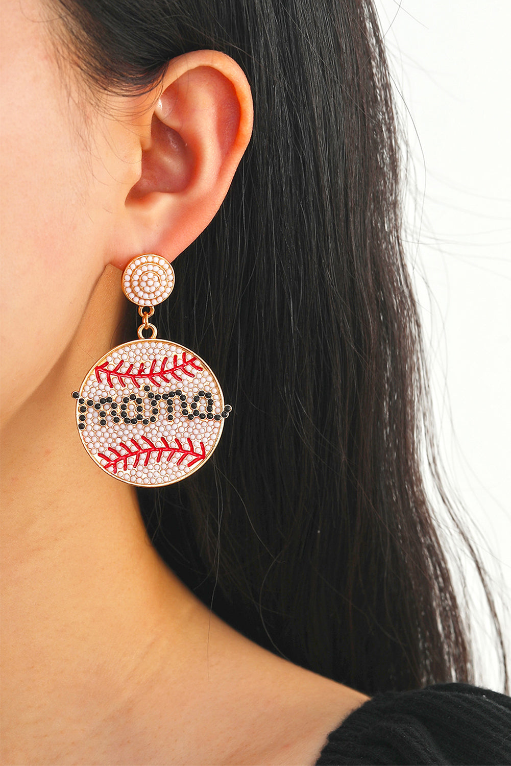 White Beaded Mama Baseball Shape Earrings