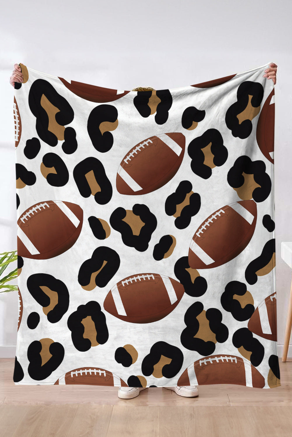 White Leopard & Football Print Flannel Blanket