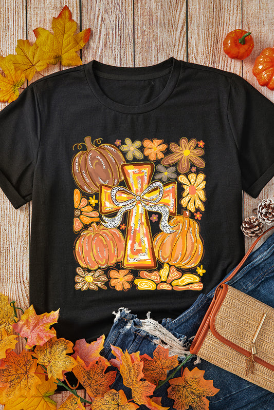 Black Thanksgiving Pray Cross Pumpkin Heat Transfer Printing Graphic Cotton Blend Tee