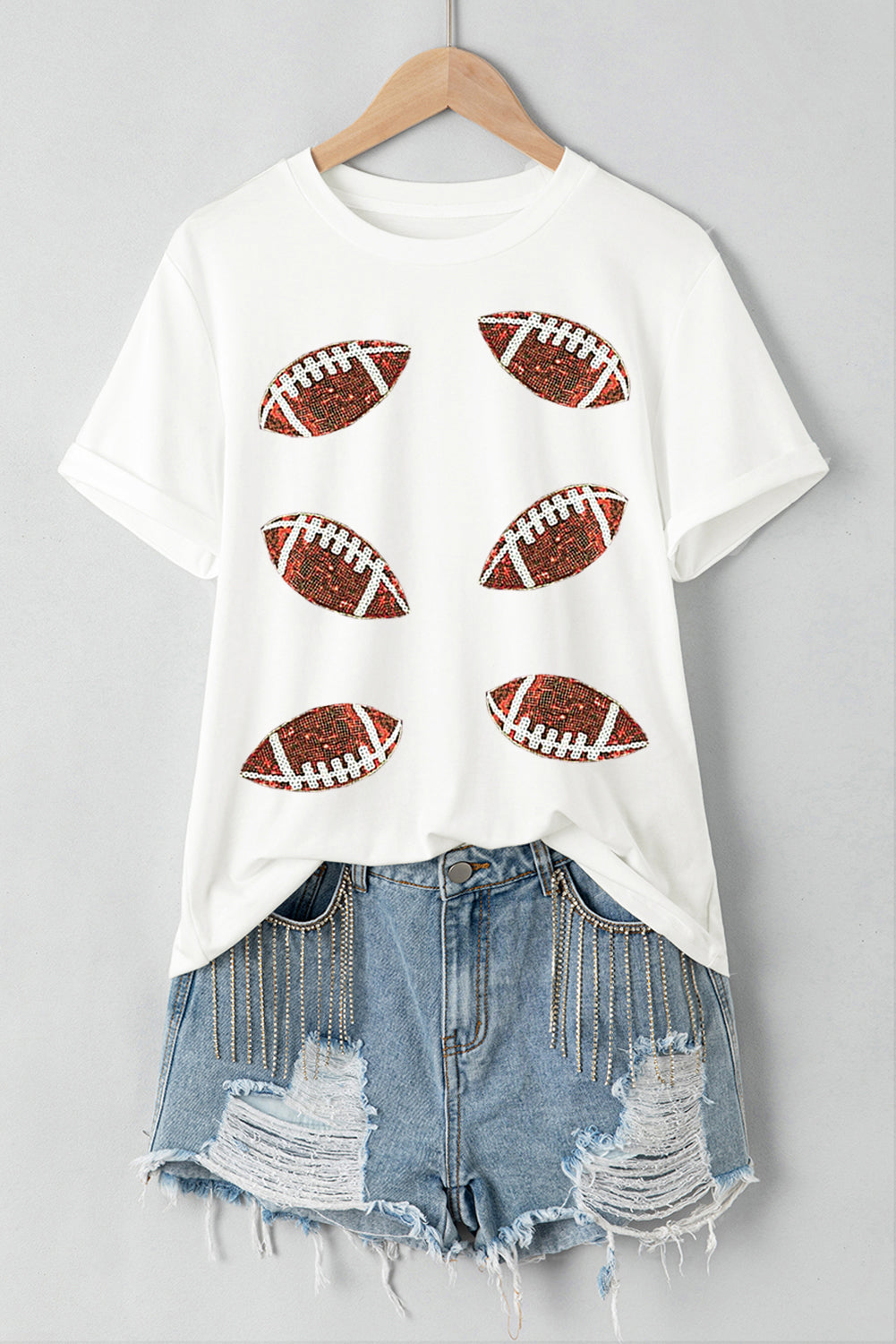 White Cotton Sequined Rugby Graphic T Shirt