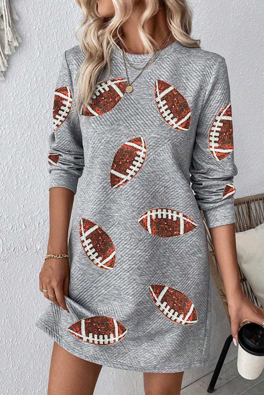 Football Round Neck Textured Mini Dress