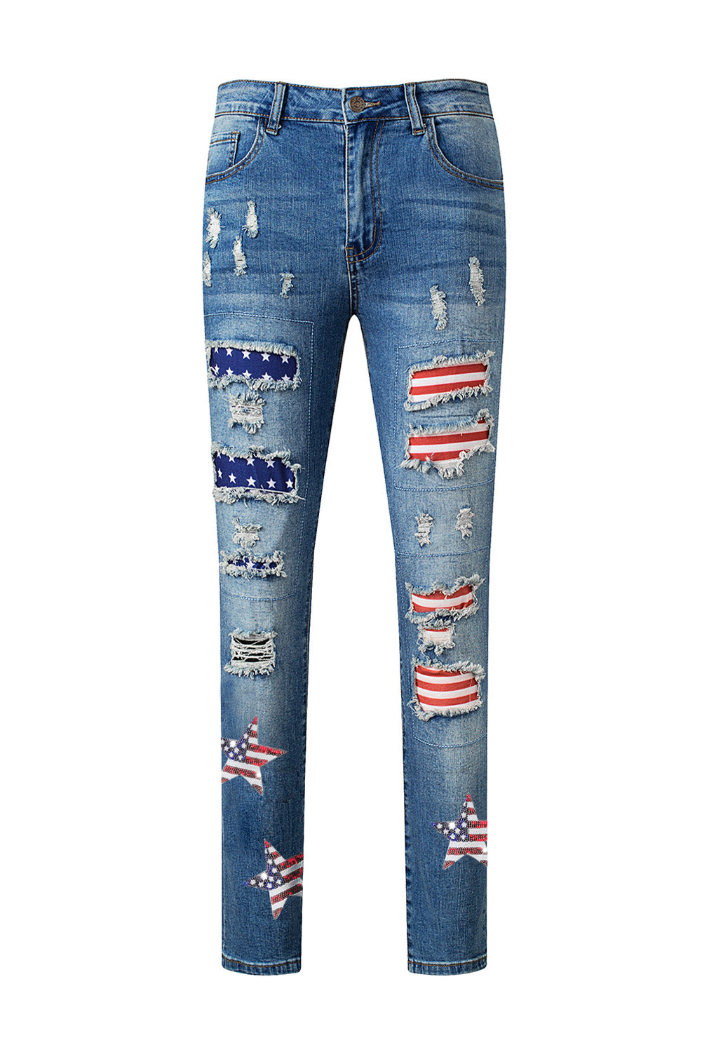 Sky Blue American Flag Graphic Straight Leg Ripped Jeans