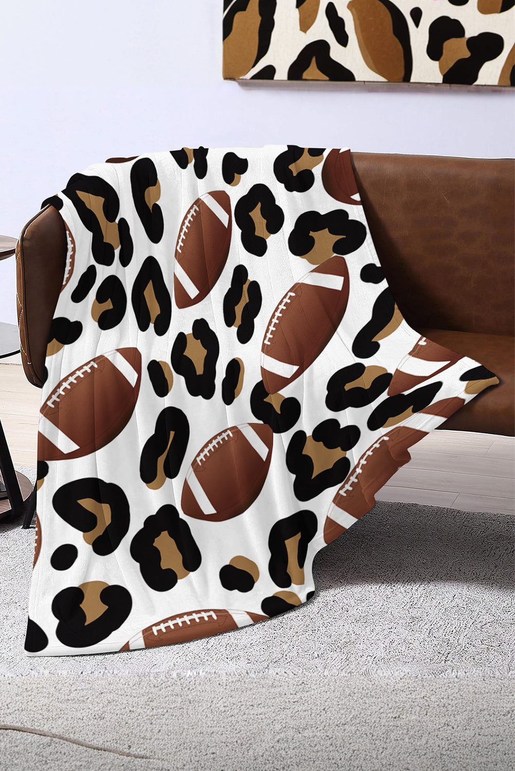 White Leopard & Football Print Flannel Blanket