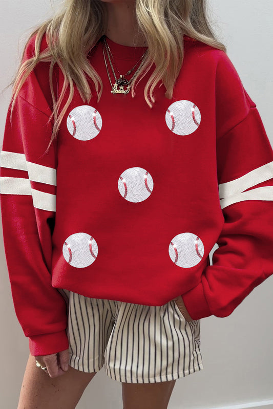 Fiery Red Glitter Baseball Patched Drop Shoulder Varsity Sweatshirt