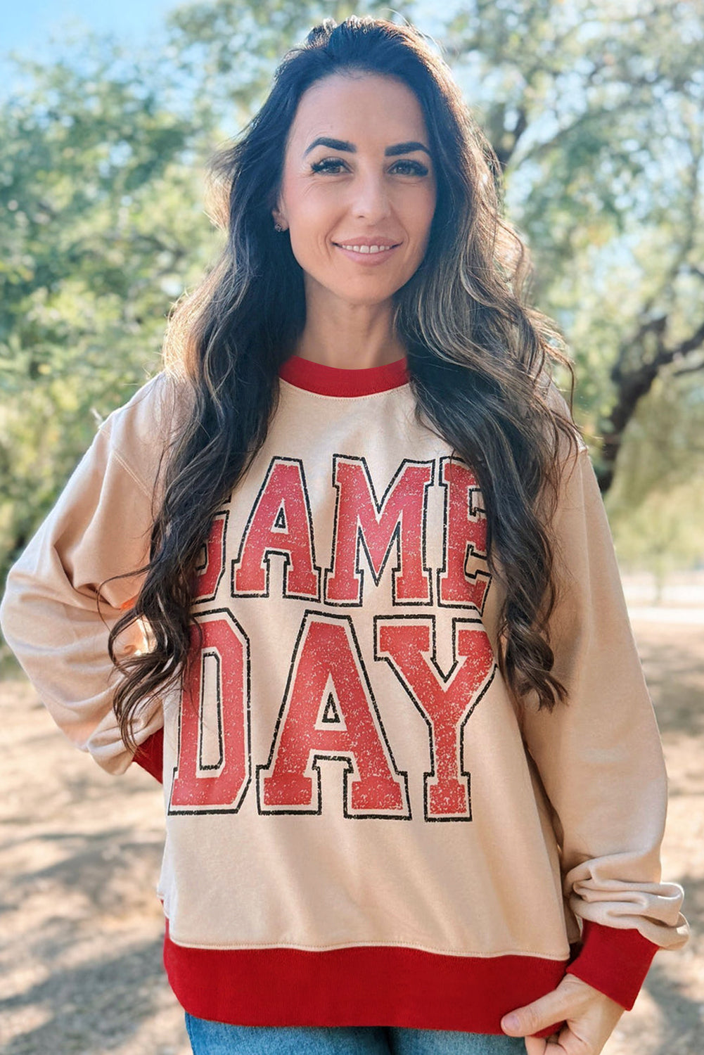 Red and White GAME DAY Letter Contrast Trim Baggy Sweatshirt