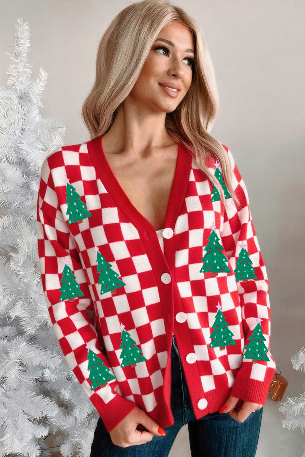 Pink Checkered Christmas Tree Pattern Button V Neck Knit Cardigan
