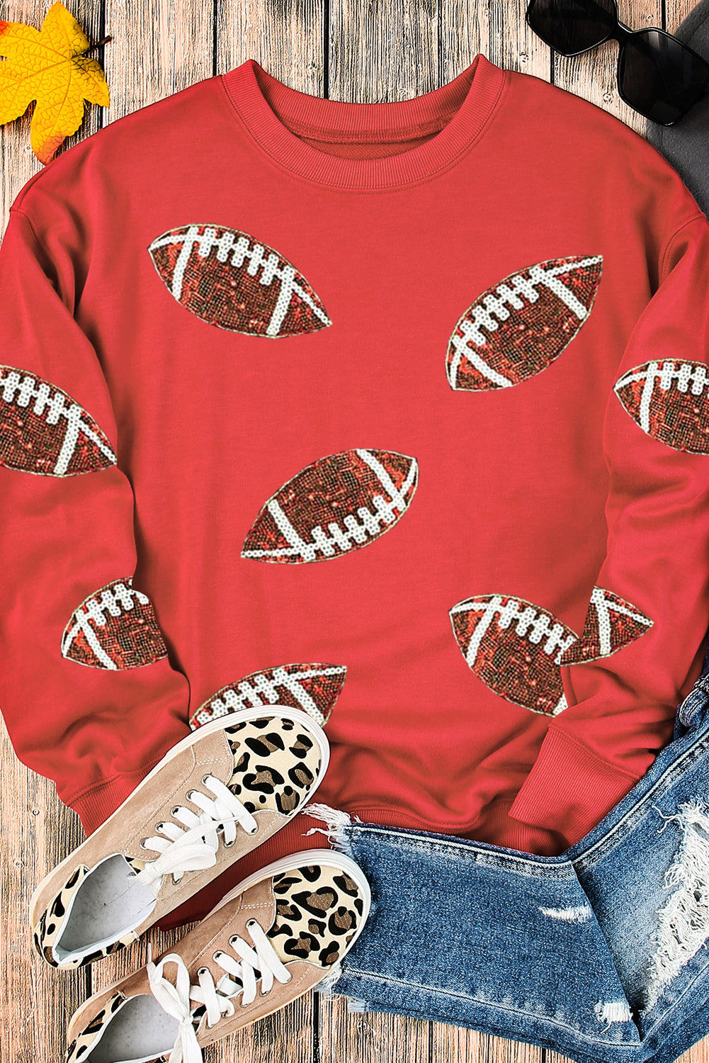 Red Sequined Football Drop Shoulder Sweatshirt