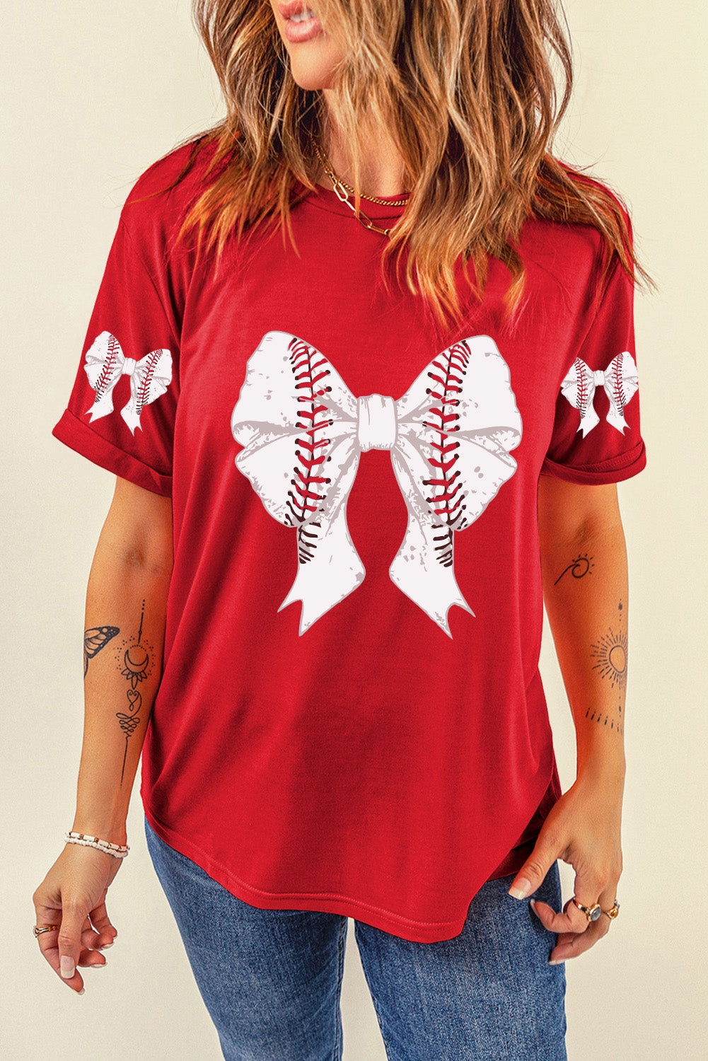 Red Bow Tie Baseball Print Graphic Tee