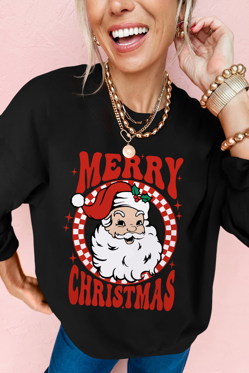 Beige Santa Claus Merry Christmas Heat Transfer Printing Graphic Sweatshirt