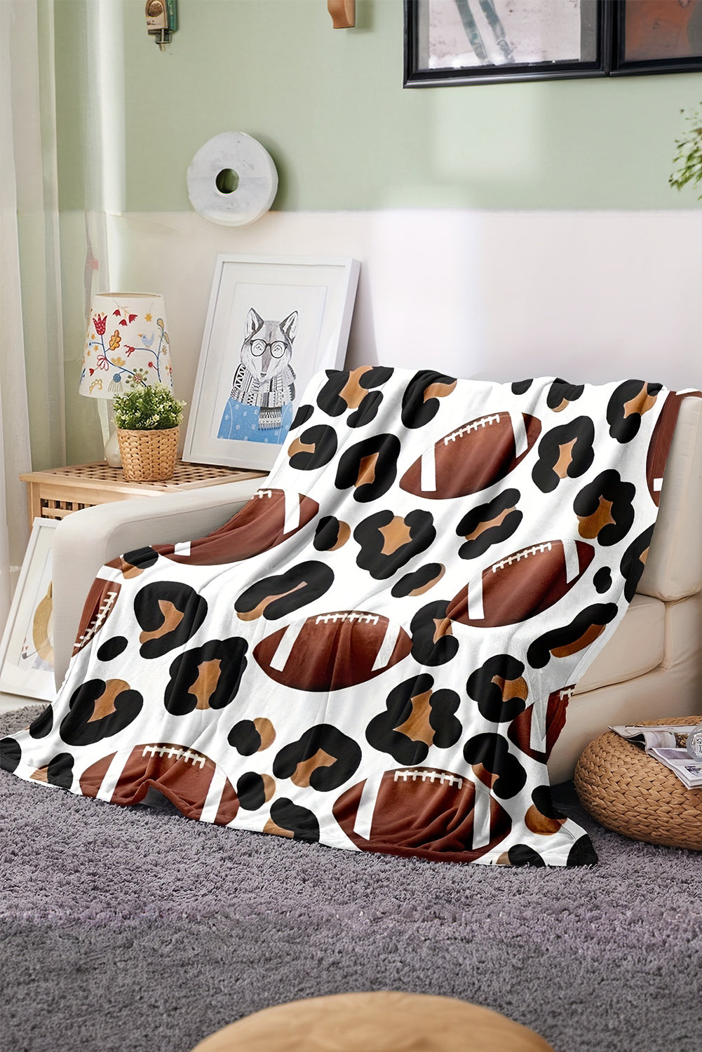 White Leopard & Football Print Flannel Blanket