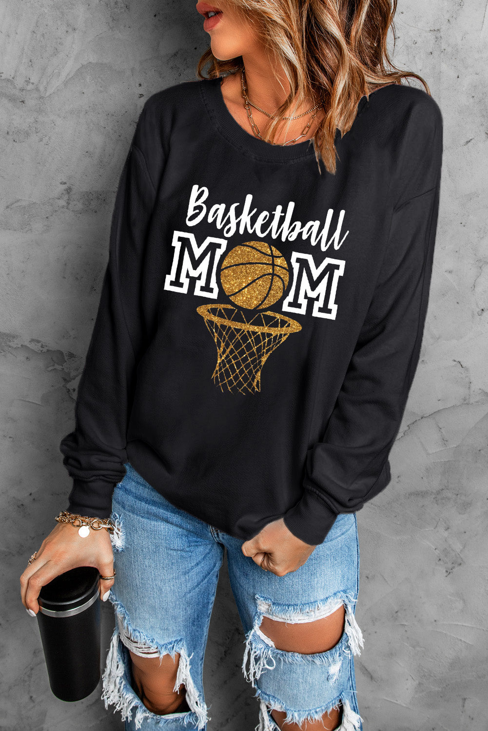 Black Basketball Mom Graphic Long Sleeve Round Neck Top