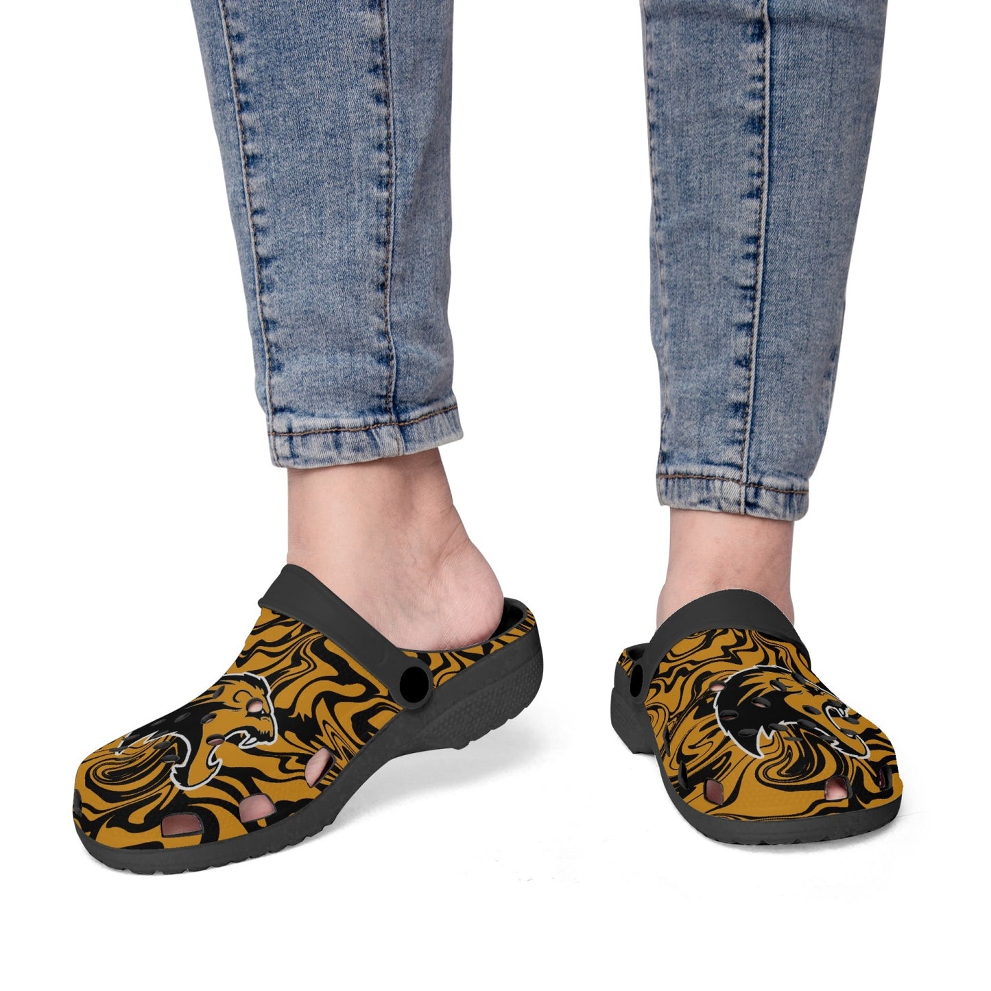 Psychedelic Orange and Black Lions "Crocs"