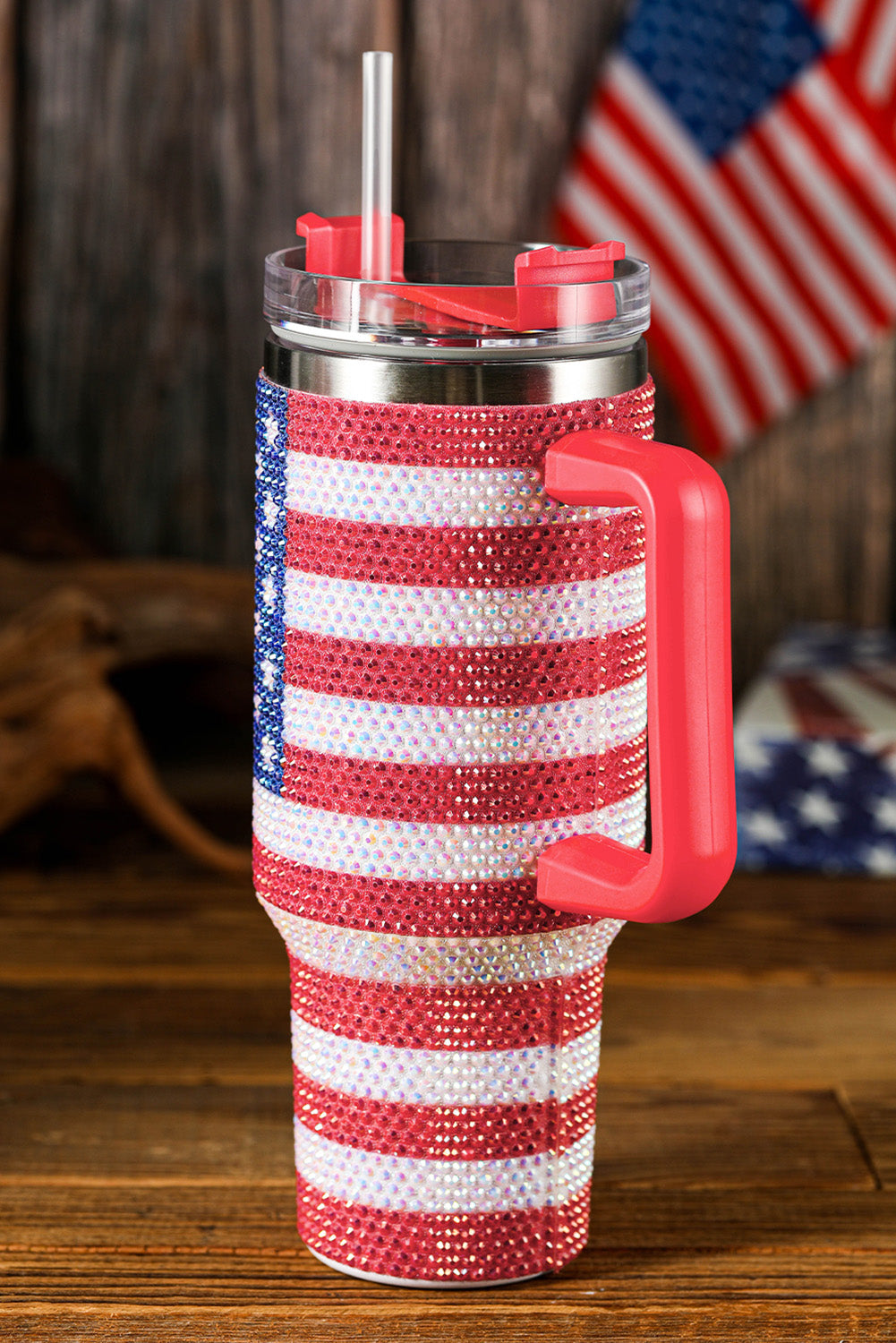 Rhinestone American Flag Print Handle 40oz Tumbler