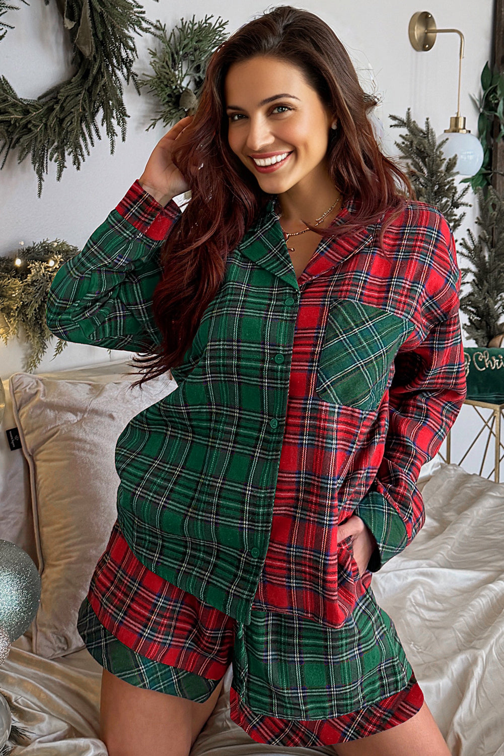 Red Plaid Contrast Color Christmas Holiday Long Sleeve Shirt and Shorts Pajama Set