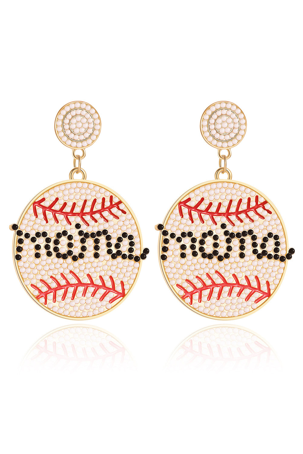 White Beaded Mama Baseball Shape Earrings