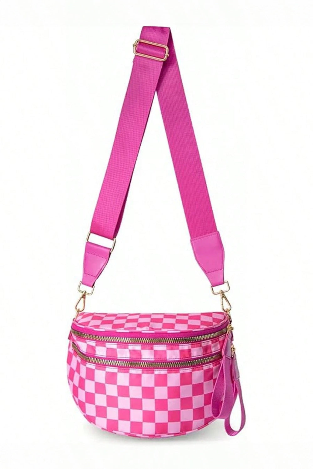 Fiery Red Checkered Print Wide Strap Large Crossbody Bag