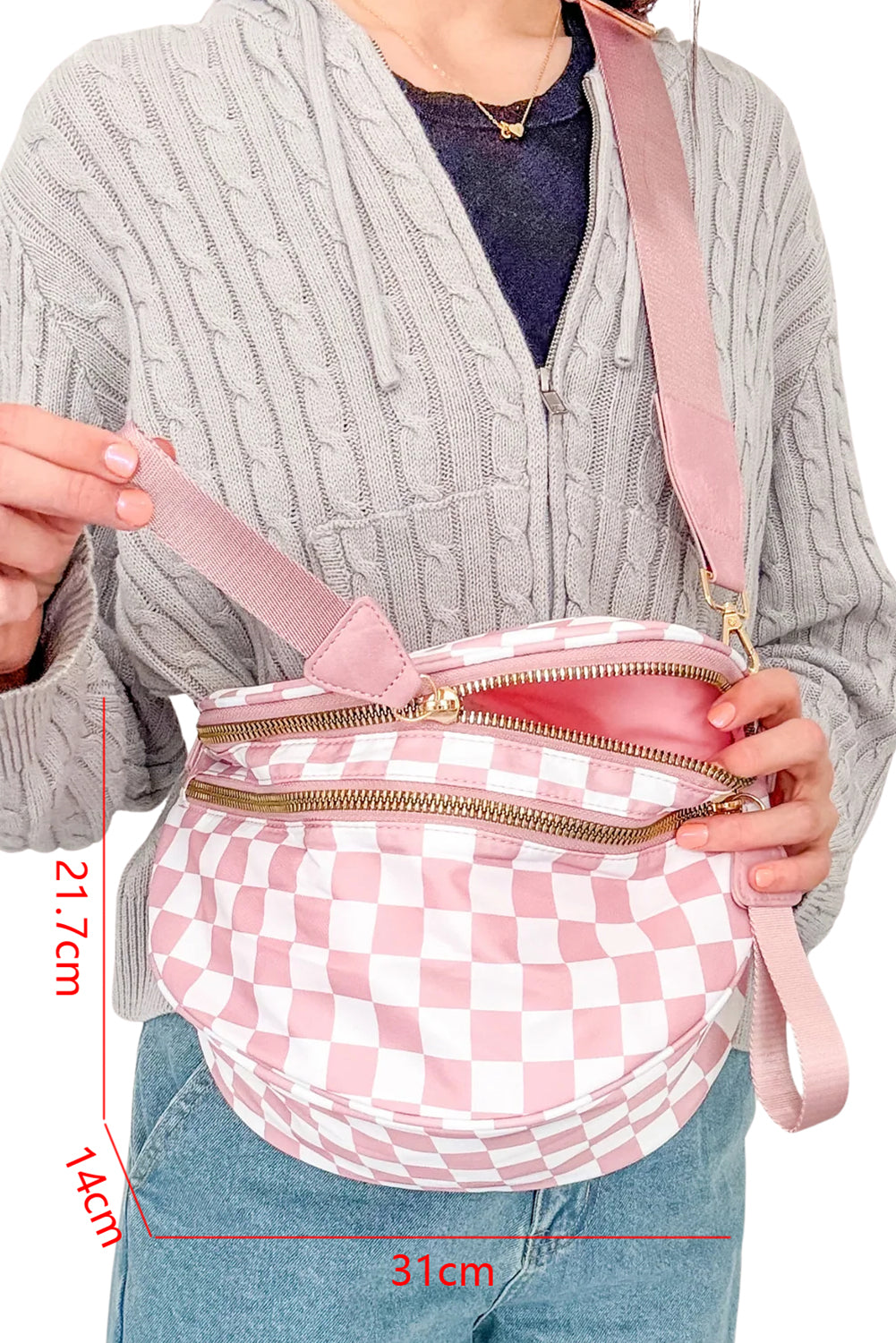 Fiery Red Checkered Print Wide Strap Large Crossbody Bag