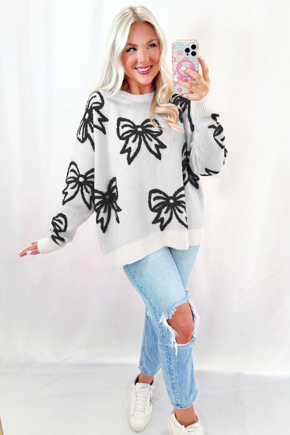 White Bow Pattern Drop Shoulder Loose Sweater