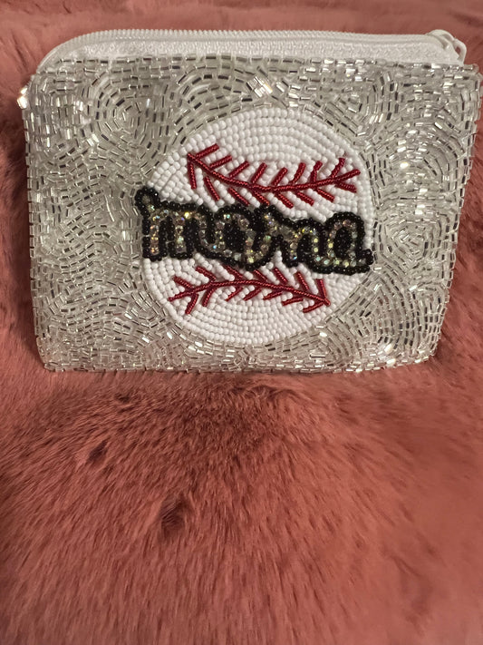 Sparkle Beaded Baseball Mama Zipper Pouch