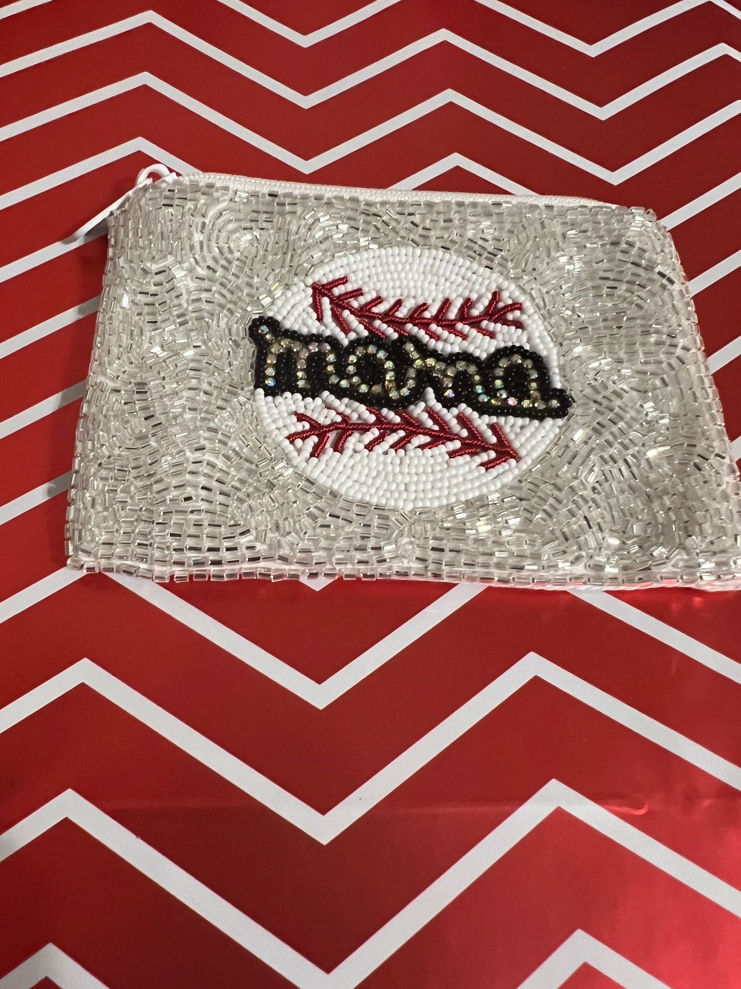 Sparkle Beaded Baseball Mama Zipper Pouch