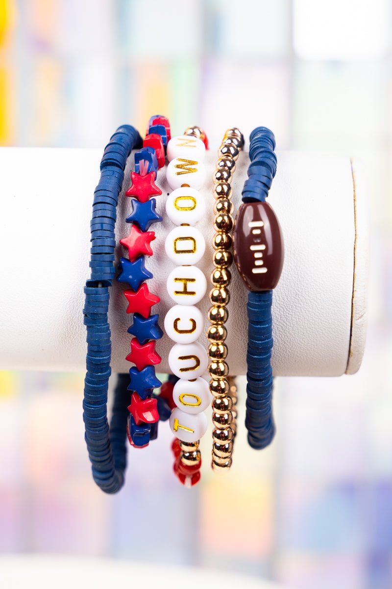 BLUE AND RED 'TOUCHDOWN' BEADED BRACELET SET