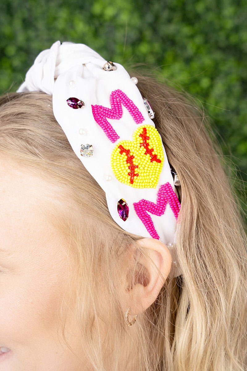 'MOM' SOFTBALL SEED BEAD KNOTTED HEADBAND